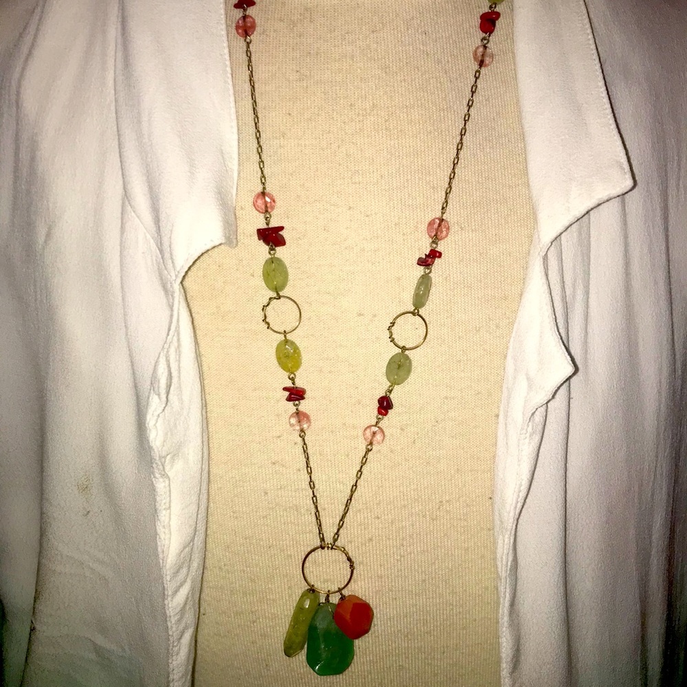 Coral and teal coloured necklace